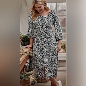 J. Jill Square-Neckline button front Midi Dress black evening garden floral L